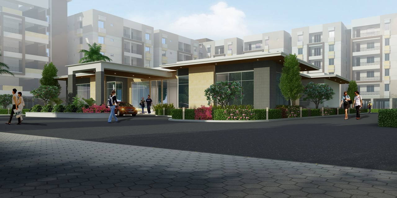 Apartment entrance gateway render with porte-cochere, landscaped beds and paved driveway, residential blocks behind, Hyderabad
