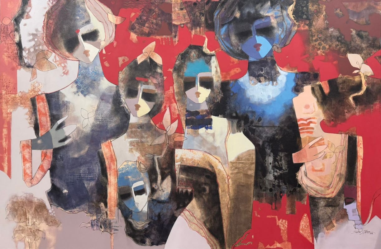 Abstract figurative painting of stylised faces in red, blue and earthy tones, mixed-media canvas by Sachin Jaltare