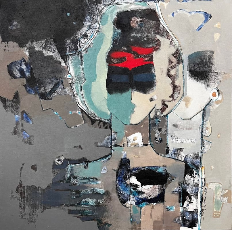 Abstract figurative painting with layered grey, teal and red forms in a textured mixed-media composition