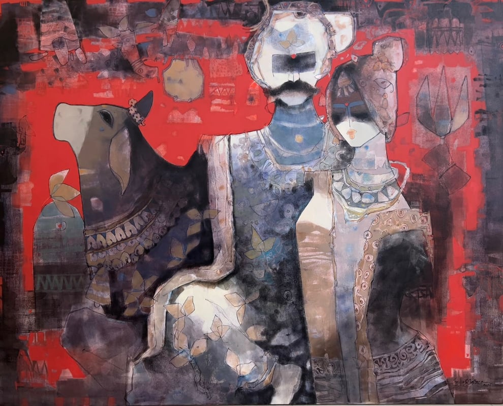 Abstract mixed-media painting of stylised figures and a bull over a bold red ground with folk motifs