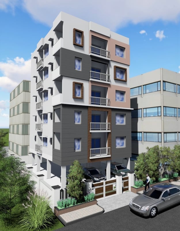 3D render of a slim multi-storey residential building with grey-and-beige facade, balconies and parked cars, Manikonda Hyderabad