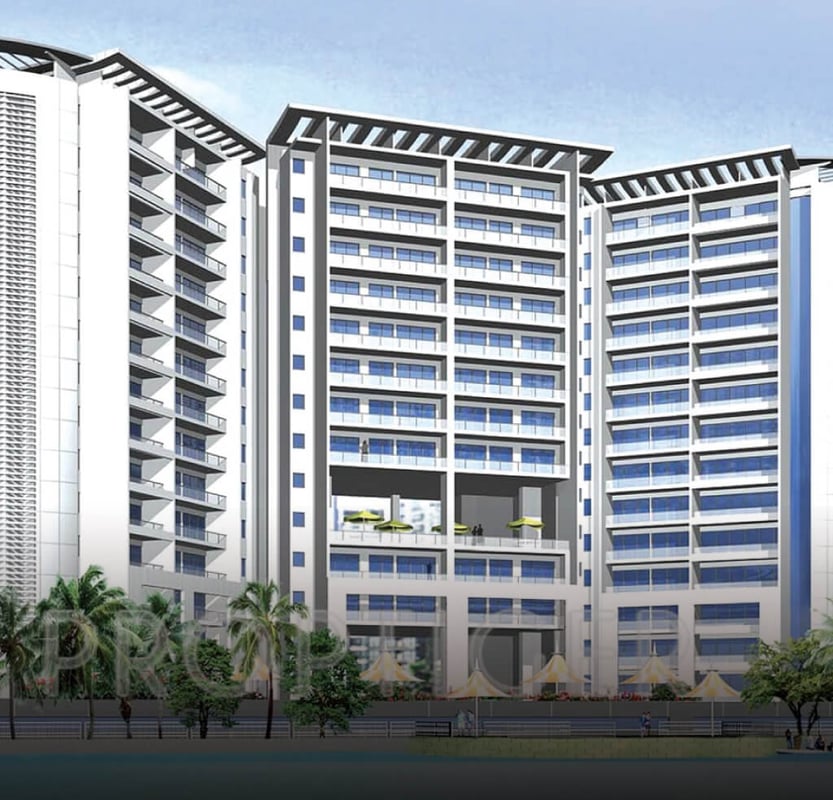 High-rise apartment towers rendered with glass balconies and landscaped courtyard, residential project exterior, Hyderabad