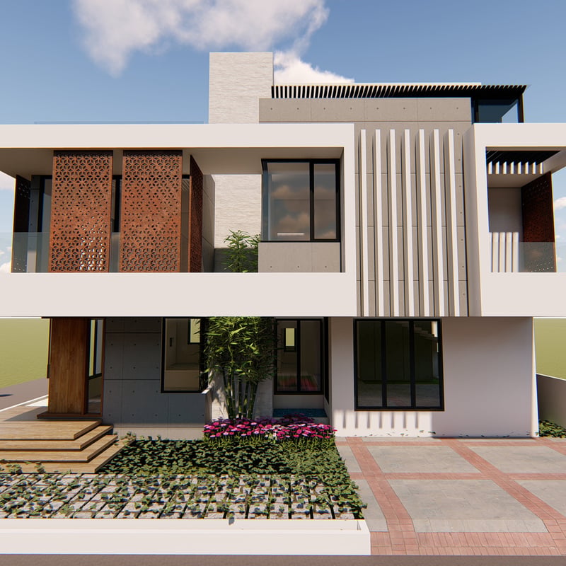 Modern villa exterior render with terracotta jali screens, vertical fins and landscaped entry, Hyderabad