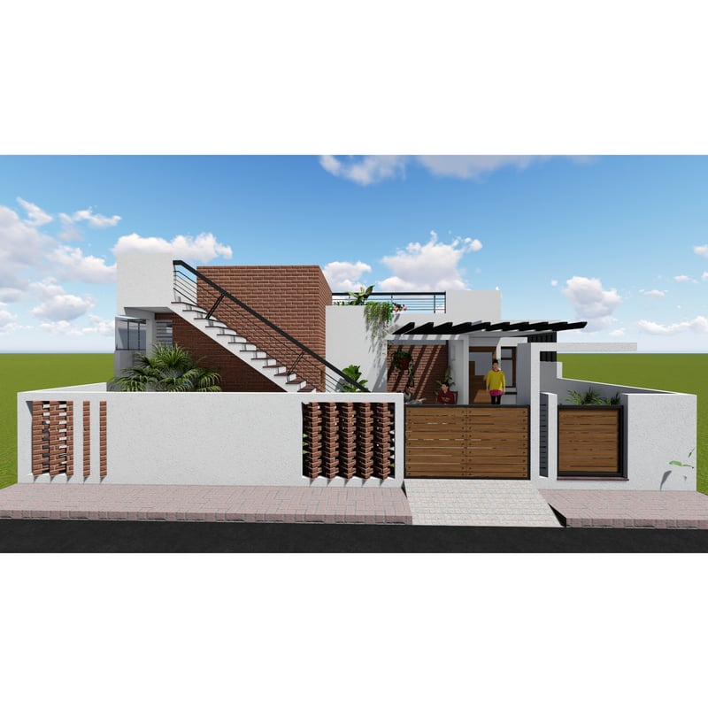 Single-storey home elevation with white walls, brick feature, external stair, pergola and slatted wooden gate, Hyderabad