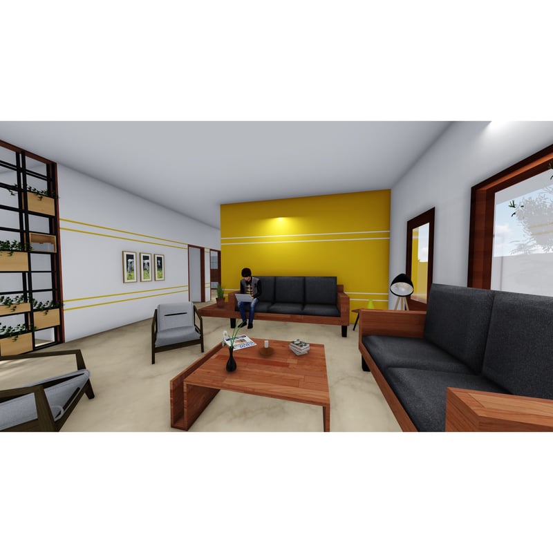 Living room with mustard accent wall, charcoal wood-framed sofas, low timber table and a vertical planter shelf, Hyderabad