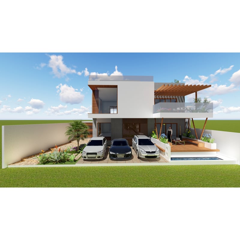 3D render of a modern white villa with wooden pergola, car porch and poolside lawn, Hyderabad