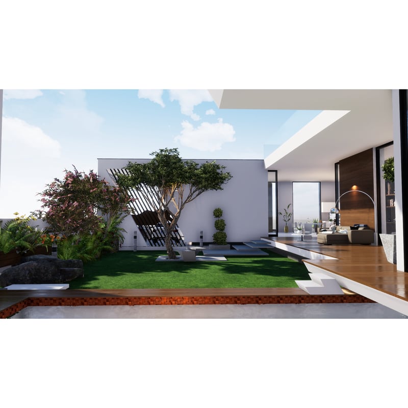 Farmhouse courtyard garden with feathered tree, lawn, lounger and open-plan living room view, Suryapet near Hyderabad