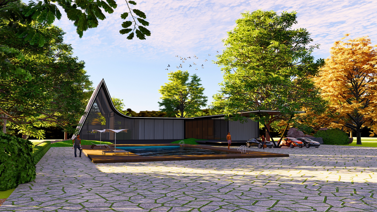 Daytime render of a dark A-frame weekend house with timber deck, small pool and stone-paved courtyard among trees, Hyderabad