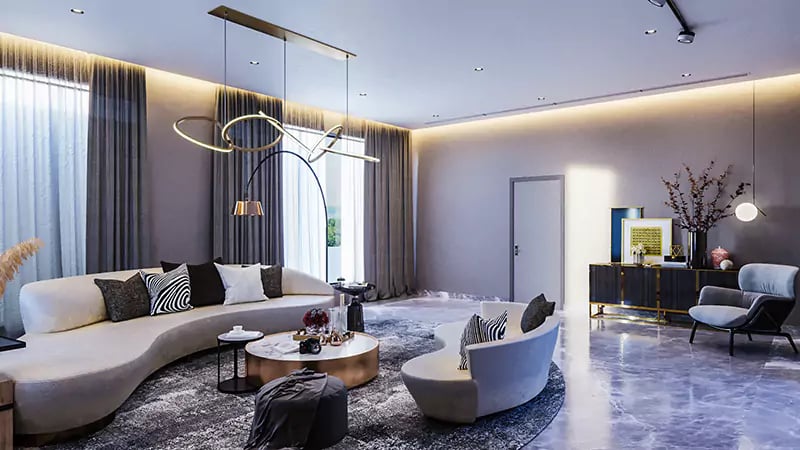 Luxury living room with curved cream sofas, sculptural ceiling light, marble floor and grey drapes, Hyderabad full-home design