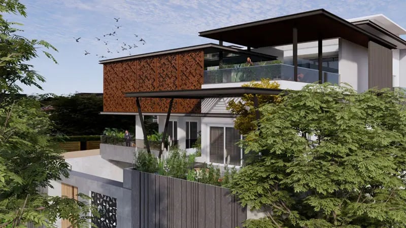 Modern multi-storey home exterior render with a rust-toned perforated metal screen facade, cantilevered roof and glass balcony amid leafy trees, Hyderabad