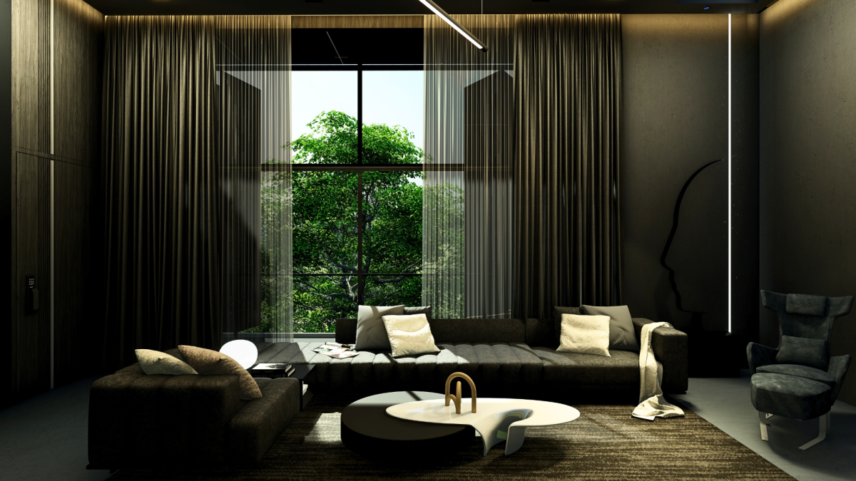 Dark luxury living room render with floor-to-ceiling drapes, low charcoal sofa and round stone coffee table by a tall window