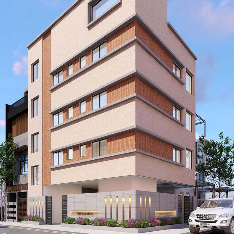 3D render of a multi-storey Anil Residence apartment block, brick-and-plaster facade with stilt parking, Hyderabad
