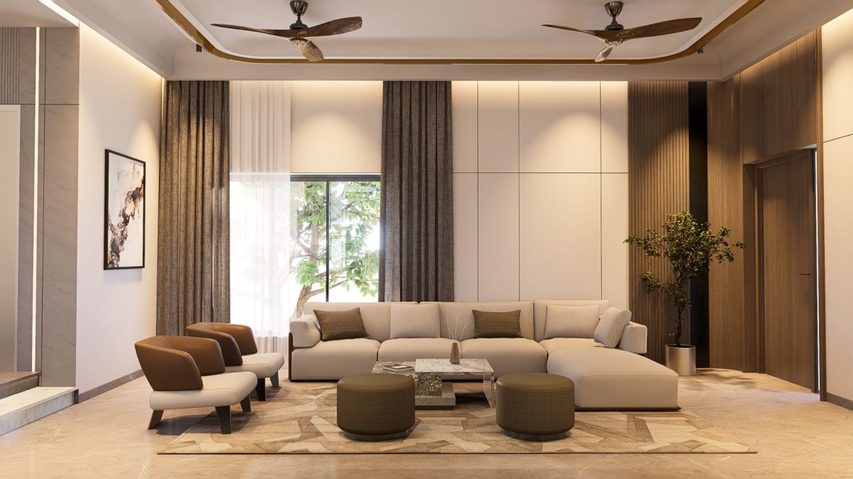 Spacious living room with L-shaped beige sofa, fluted wood panelling, twin fans and tall drapes over garden window, Hyderabad