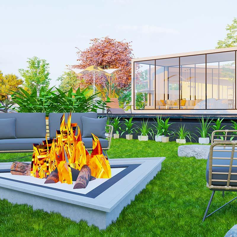 3D render of a glass-walled garden pavilion with grey sofa lounge, fire pit and woven chair on a Hyderabad lawn