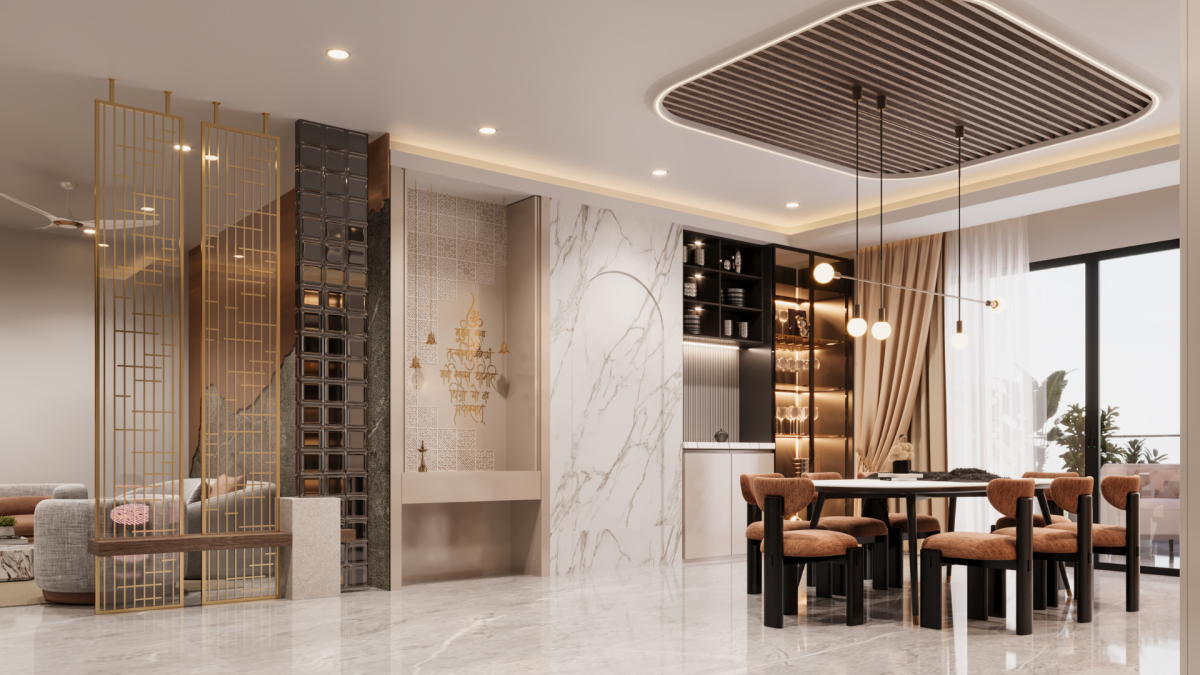 Open-plan living and dining with a gold jali screen, marble pooja niche and tan leather chairs, Hyderabad