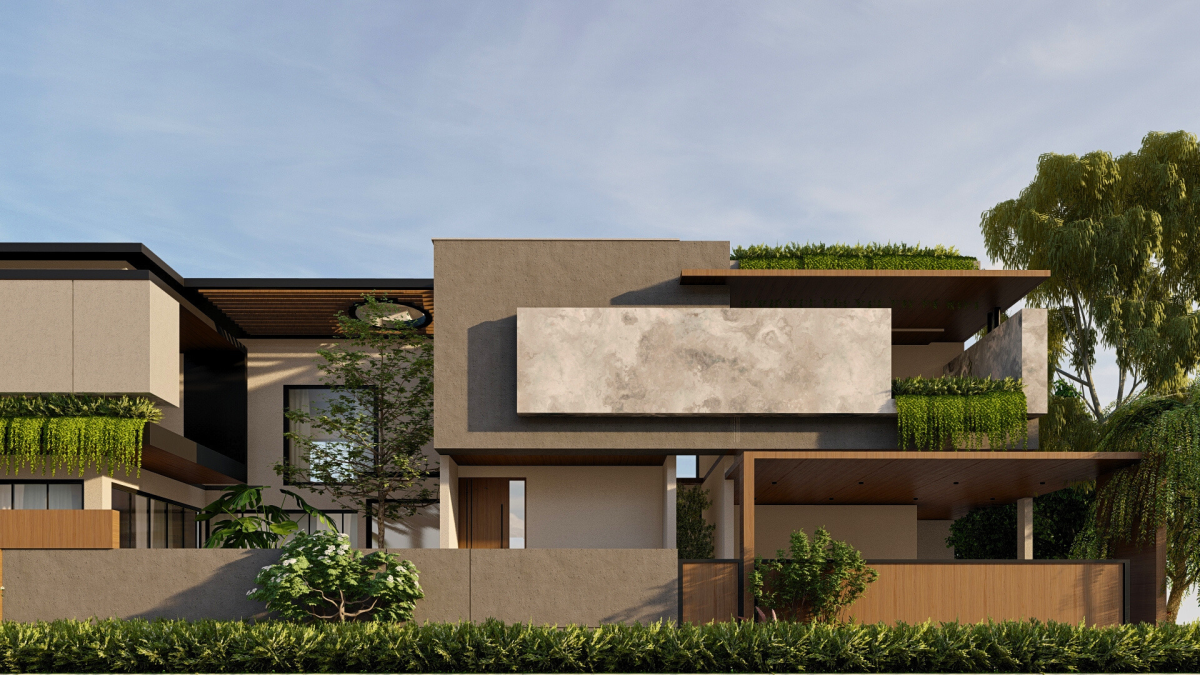 3D render of a modern Hyderabad villa exterior with flat roofs, wood-slat cladding, exposed concrete and cascading vertical greenery