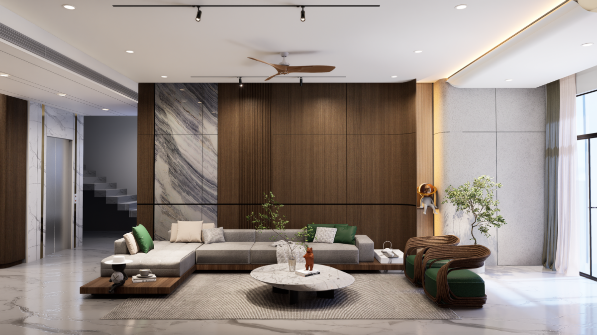 Open-plan living room in Hyderabad with grey L-shaped sofa, wood-slat and marble feature wall and marble coffee table