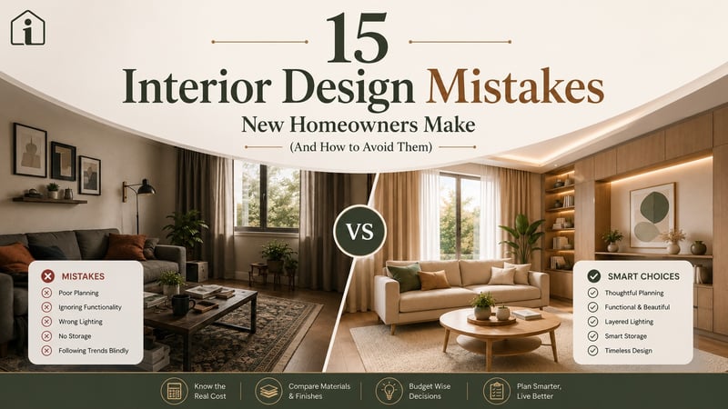 Cover image titled '15 Interior Design Mistakes New Homeowners Make and How to Avoid Them' showing a side-by-side comparison of poor planning versus smart interior design choices, by Interioring