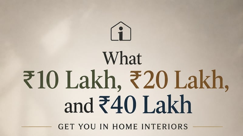 Cover image comparing ₹10 lakh, ₹20 lakh, and ₹40 lakh home interior designs side by side, showing progression from functional to premium to luxury living rooms in India