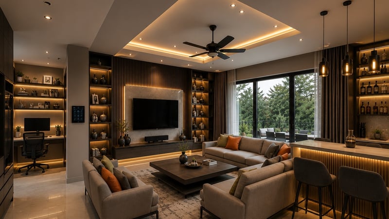 Open-plan living room with home bar, study desk, and seating area under a tray ceiling