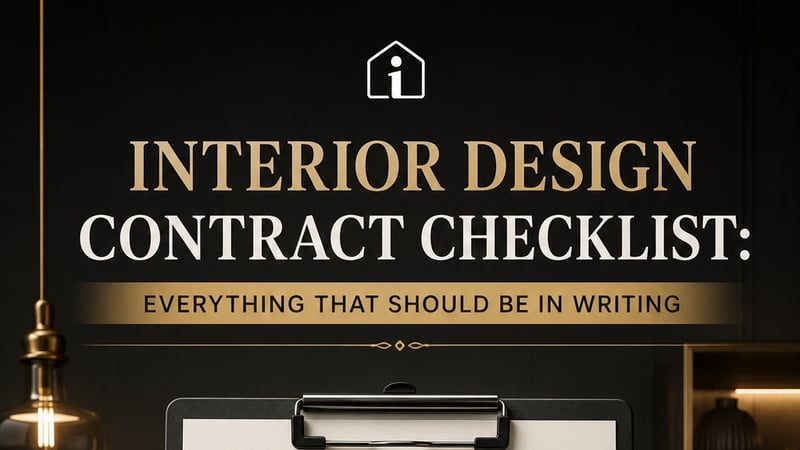 Cover image titled 'Interior Design Contract Checklist: Everything That Should Be in Writing' showing a clipboard checklist covering scope of work, timeline, costs, materials, change management, warranty, cancellation policy, and signatures, by Interioring