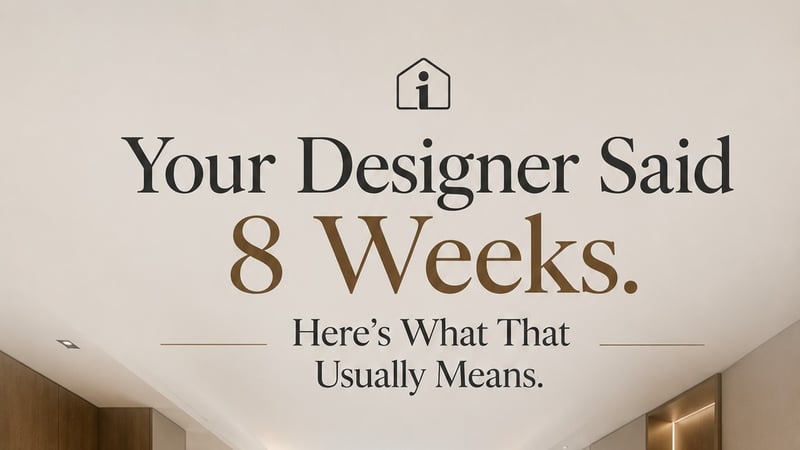 Cover image titled 'Your Designer Said 8 Weeks — Here's What That Usually Means' showing a luxury interior with a 6-stage project timeline from planning to handover, by Interioring
