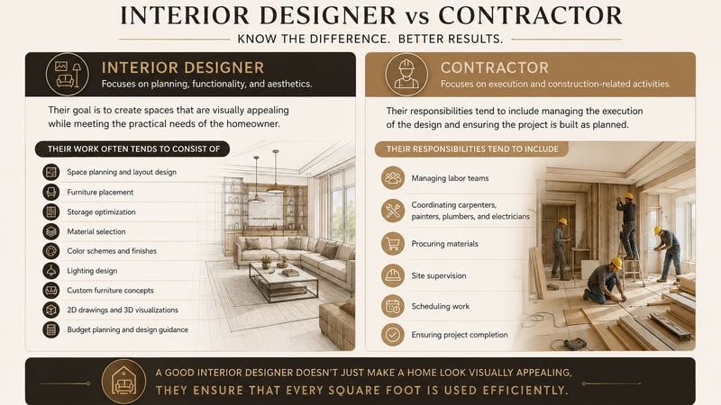 Infographic detailing the responsibilities of an interior designer versus a contractor, from space planning to site supervision