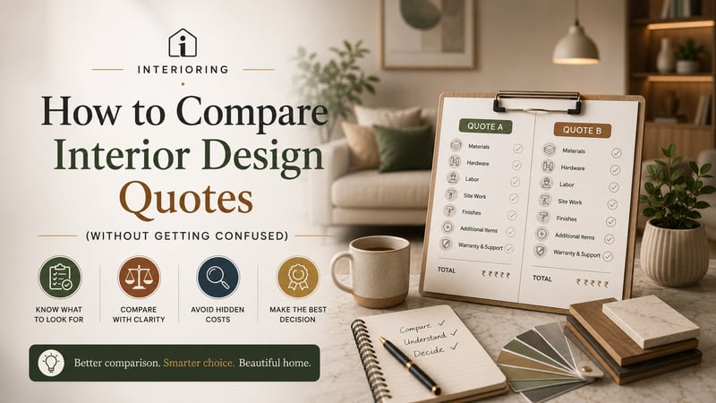 Cover image titled 'How to Compare Interior Design Quotes Without Getting Confused' showing two quote comparison clipboards with materials, hardware, labor, and warranty line items, by Interioring