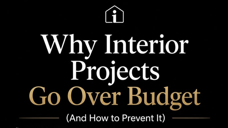 Cover image titled 'Why Interior Projects Go Over Budget and How to Prevent It' showing a broken piggy bank with budget risks versus a polished living room with prevention strategies, by Interioring