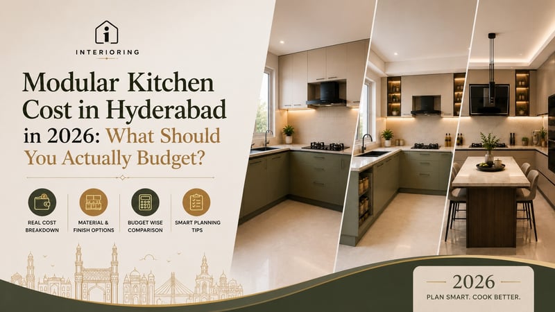 Cover image titled 'Modular Kitchen Cost in Hyderabad in 2026: What Should You Actually Budget?' showing three modular kitchen styles with Hyderabad skyline, by Interioring